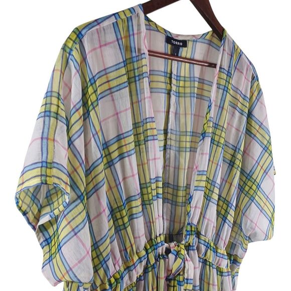 Torrid Plus Sz 1 Tie-Waist Plaid Duster Kimono Yellow Blue Pink Midi Cover-Up - Picture 6 of 13
